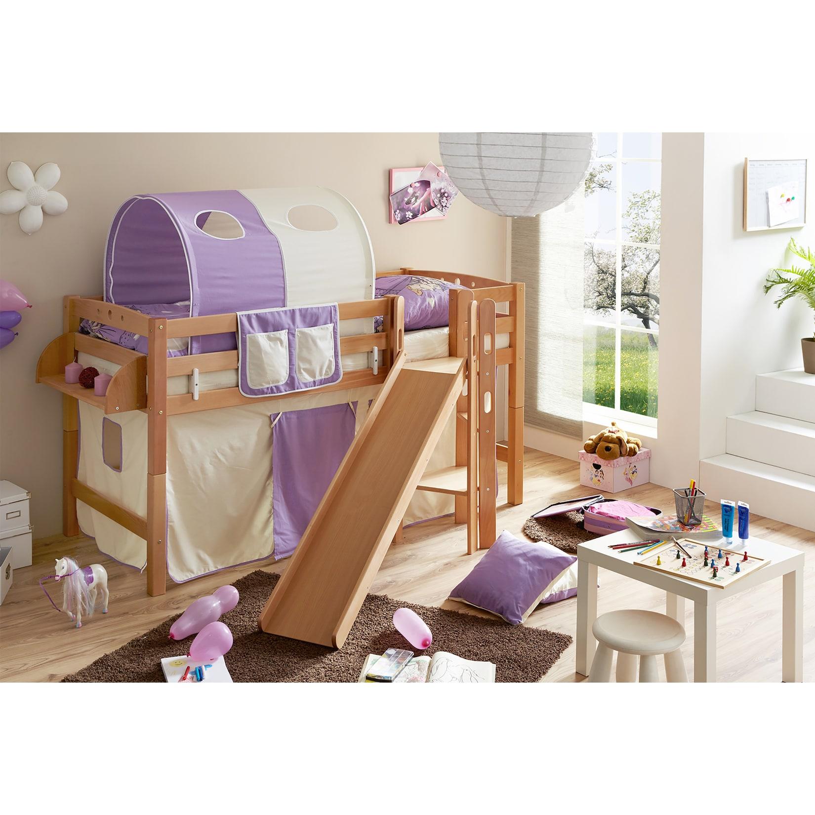 TiCAA Hochbett mit Rutsche Podestbett "Tino" Buche Natur Classic teilbar mit Farbauswahl