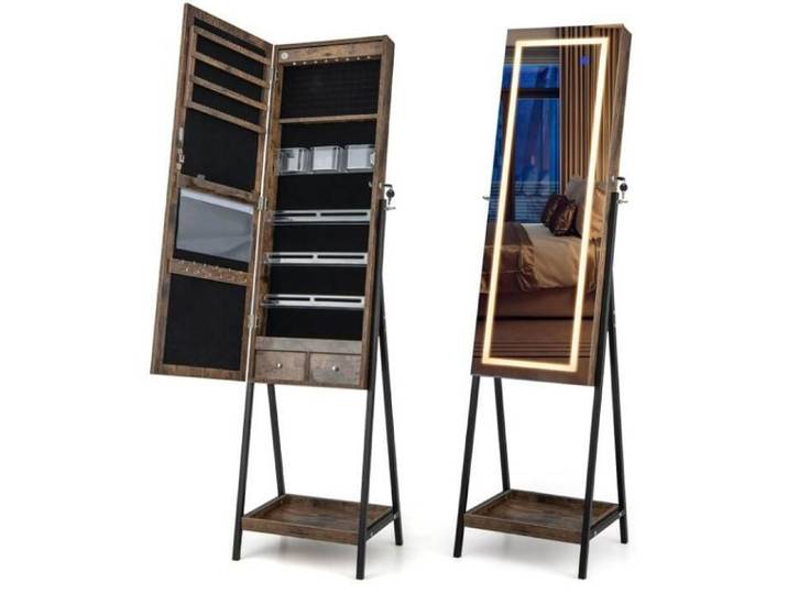 Armoire à Bijoux - RELAX4LIFE - Miroir Bijoux LED 3 Couleurs - Porte Verrouillable - 2 Tiroirs - Étagère Ouverte - Marron Rustique