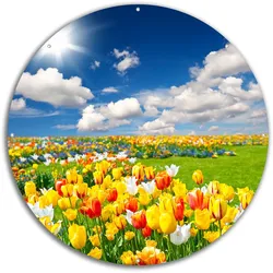 Wallario Gartenposter ca. 60 x 90 cm Tulpenwiese unter blauem Himmel