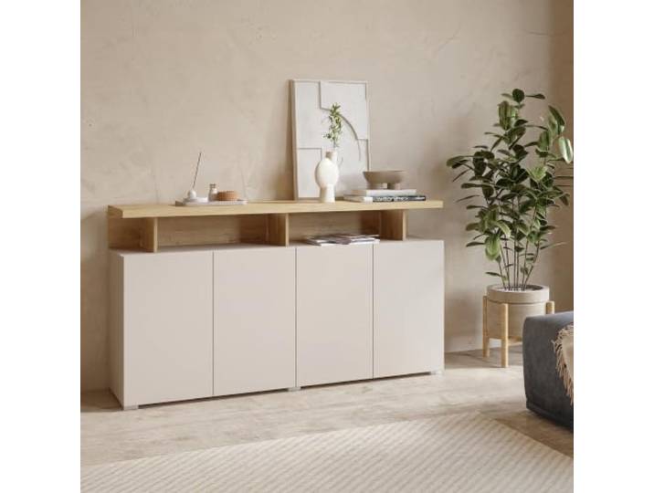 Lomadox Wohnzimmer Sideboard Kommode Anrichte 153 cm breit in Kaschmirbeige mit Eiche 4 Türen Wohnmöbel Esszimmer Stauraum