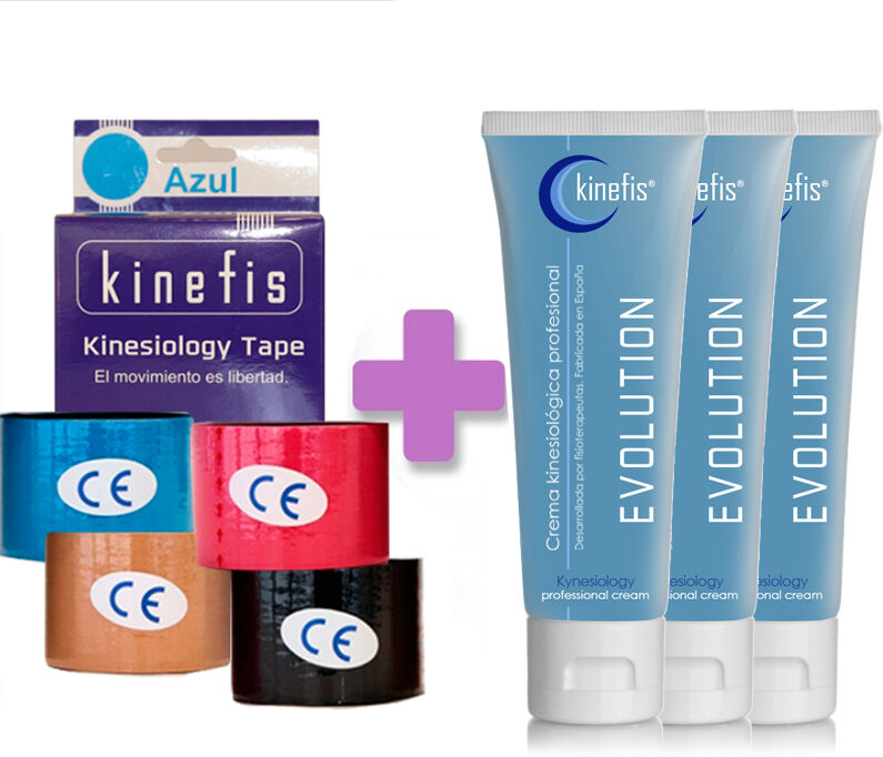 OFERTA PACK BANDA KINEFIS: 6 rolos banda neuromuscular Kinefis Kinesiology tape 5cm x 5m + 3 Cremes Kinefis Evolution 200 cc