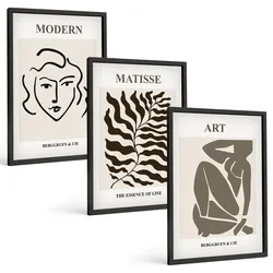 BILDER SET 3er Set - 40x60 cm Schwarzer Rahmen - Stilvolle Grafiken, Linien, Zeichen