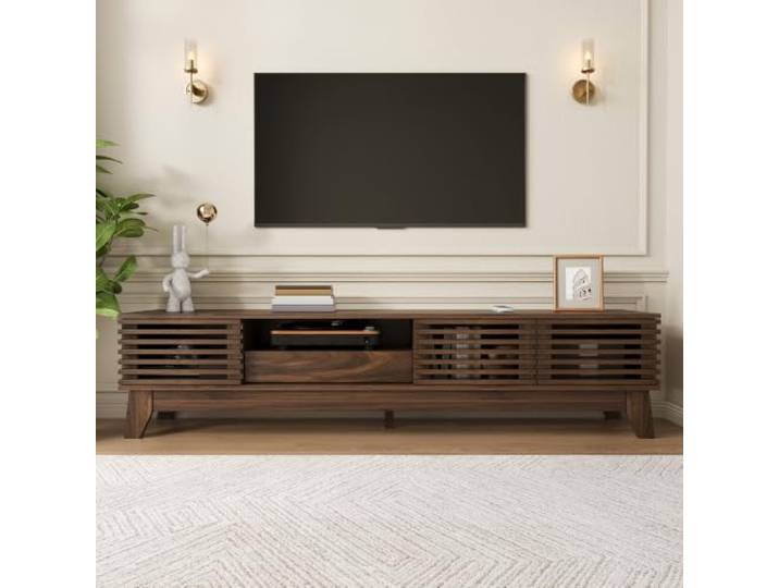 DUlVBPE TV Lowboard Fernsehtisch TV Schrank TV Board Fernsehmöbel Multimedia Schrank mit 3 Türen, Schublade und offenen Fächern, gerillte Front, MDF, modernes TV Möbel für Wohnzimmer