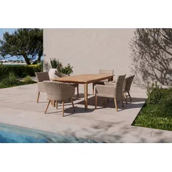 OUTFLEXX Borneo Set, beige-meliert, Polyrattan/Akazie, Tisch 220 x 100 cm, 3 Cocktail-, 3 Landhaussessel, FSC®-zertifiziertes Produkt