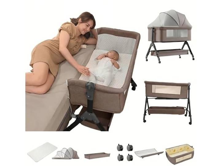 Aveainelle Baby-Beistellbett mit Matratze, Faltbare und Umwandelbare Babywiege, Verstellbare Babywiege, Co-Sleeping-Babybett mit Moskitonetz (Khaki)