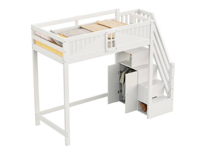 Modfu Hochbett aus 90x200 cm Weiß mit Sicherheitszaun, Fensterdesign und Leiter mit Stauraum, 90x200 cm, Babymöbel & Kindermöbel, Kinderzimmer & Jugendzimmer, Kinderbetten, Hochbetten