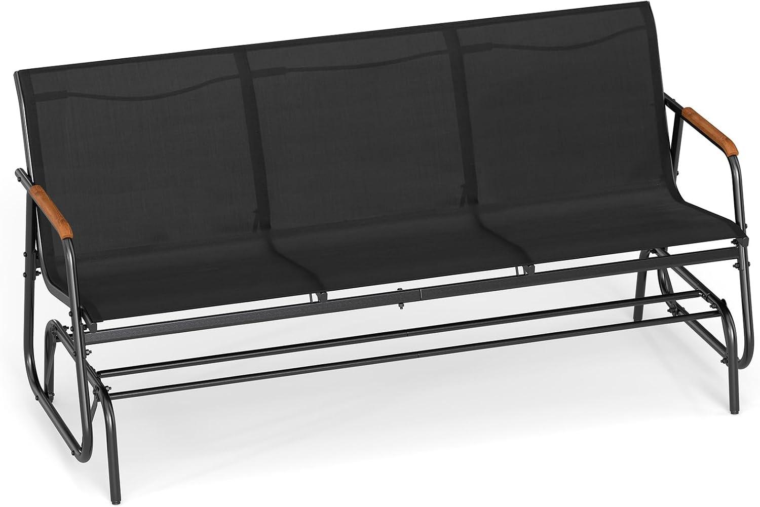 GOPLUS Gartenbank für 3 Personen, Hollywoodschaukel mit Schwingmechanismus und atmungsaktivem Stoffsitz, wetterfeste Outdoor-Terrassenbank, bis 450 kg belastbar, Metall-Sitzbank für Garten, Terrasse und Balkon, Schwarz