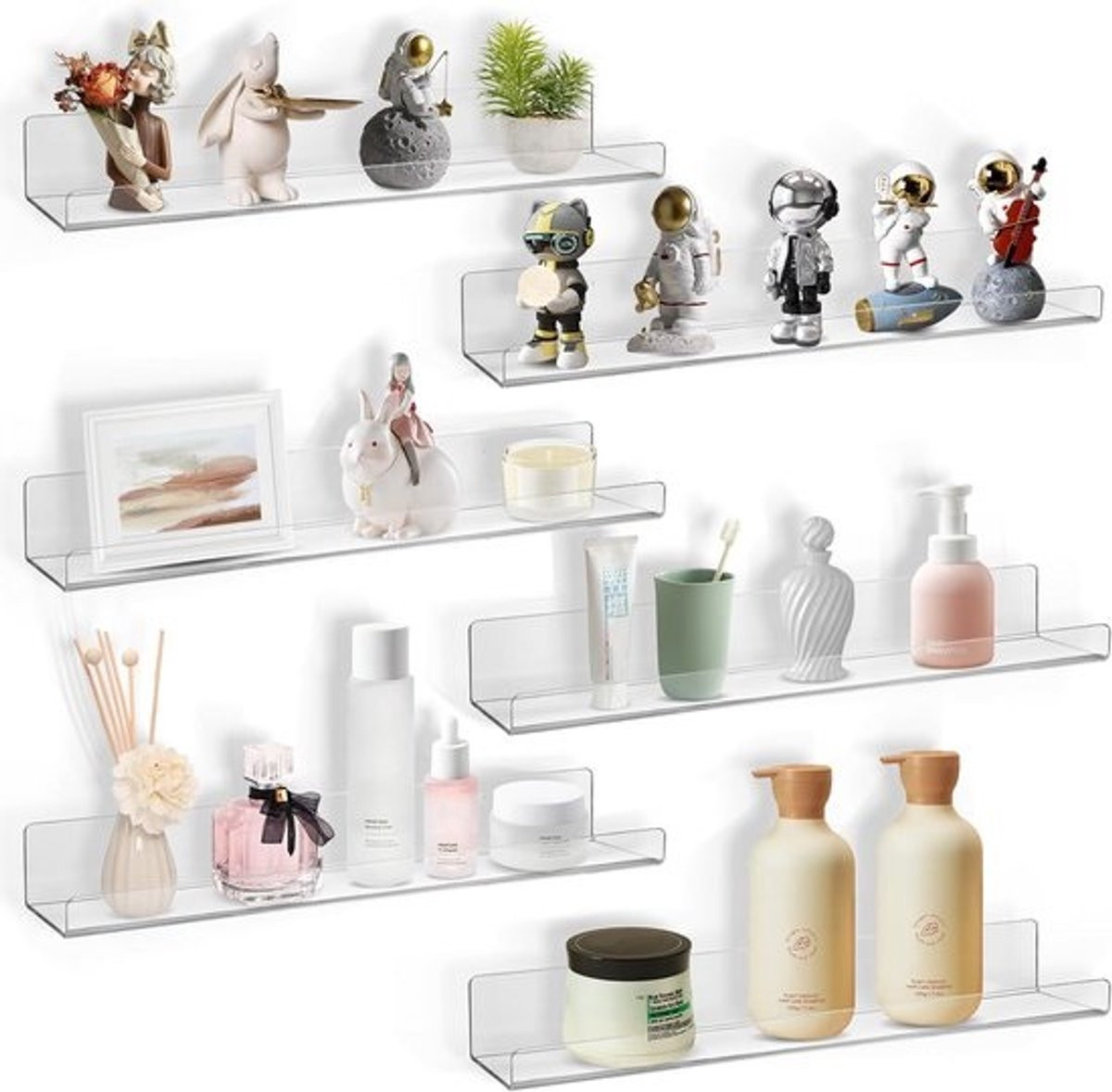 Set van 6 Transparante Acryl Wandplanken - Drijvende Wandplanken voor Badkamer, Slaapkamer en Keuken