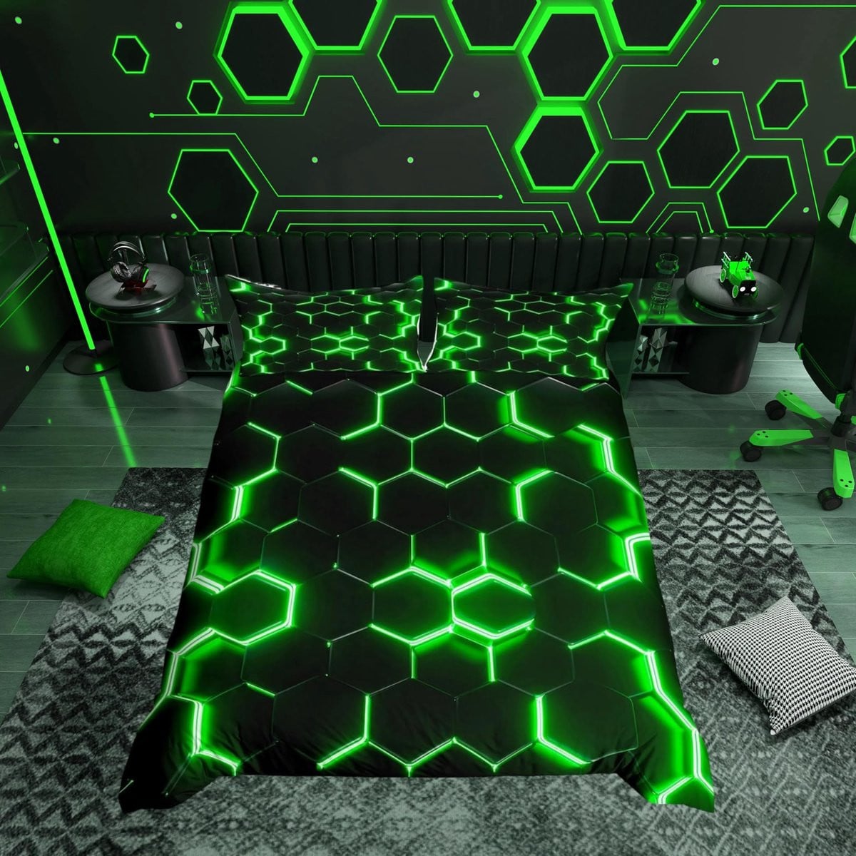 Omgoods Geometrische Bedlinnen Set voor Kinderen - Neon Hexagon Dekbedovertrek met Kussensloop