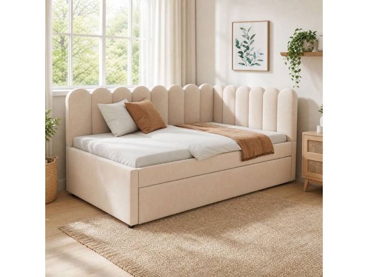 Lit banquette - ZEVKOR - 140×200 - Lit gigogne - Velours beige - 24 lattes
