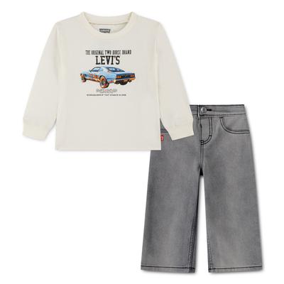 Shirt & Hose LEVI'S KIDS "LVB CAR LS & DENIM SET", Jungen, Gr. 6M68, weiß (levi's egret), Jersey, Obermaterial: 60% Baumwolle, 40% Polyester. Obermaterial 2: 70% Baumwolle, 28% Polyester, 2% Elasthan, bedruckt, KOB Set-Artikel, mit coolem Autoprint,...