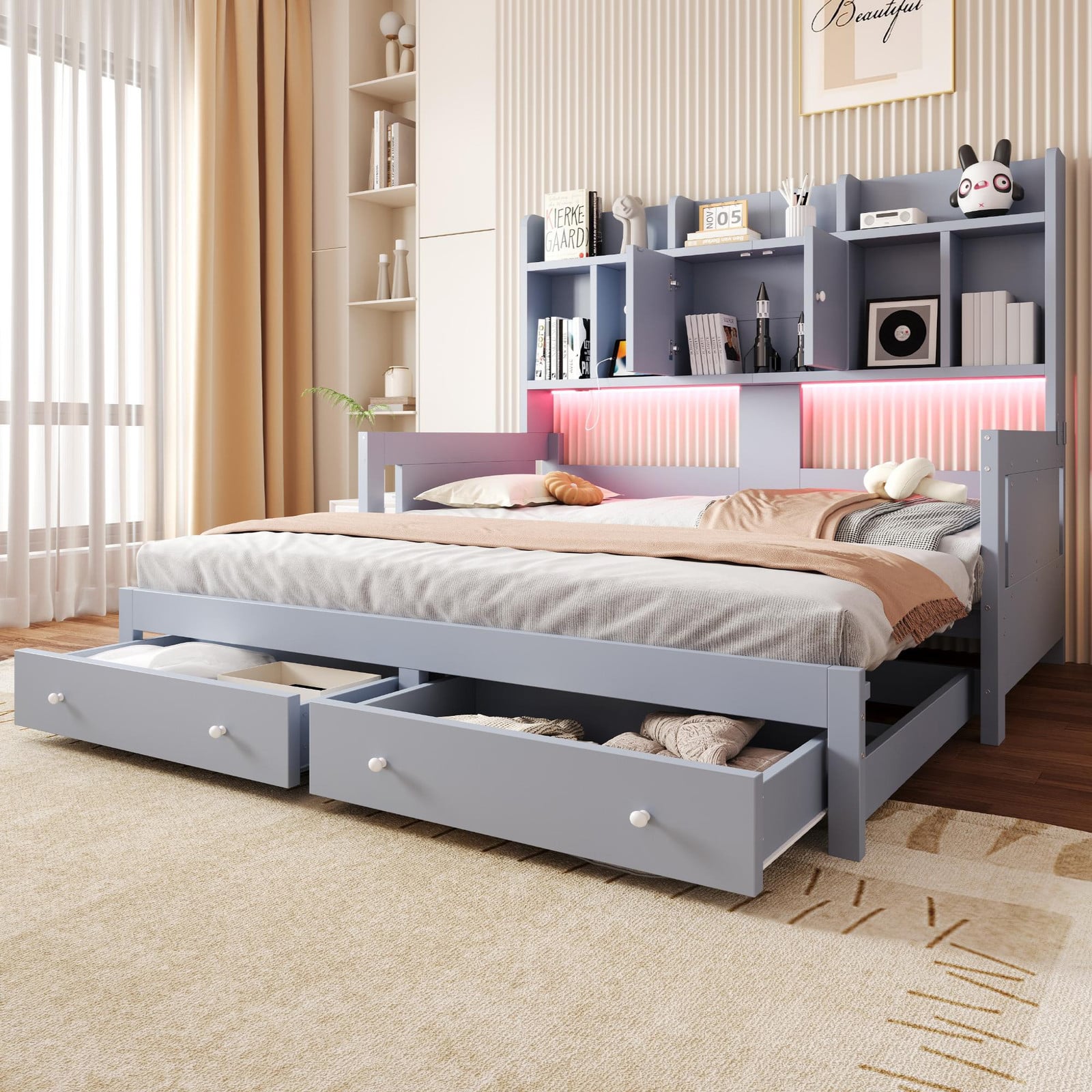 OKWISH Dagbed met uittrekbaar bed, LED-verlichting, USB-poorten en lades, Grijs, 90 x 190 cm