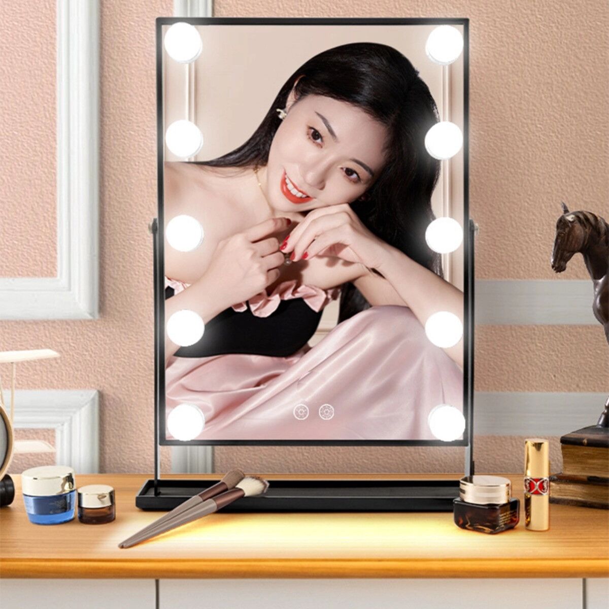 INF LED-beleuchteter Make-up-Spiegel mit 3-Farb stufenloser Dimmung, Touch-Steuerung, 360° Rotation und abnehmbarem Schwarz