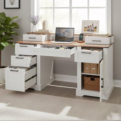 "59"" Farmhouse Fluted L-Shaped Chargeable Desk with Cabinet and Drawer"