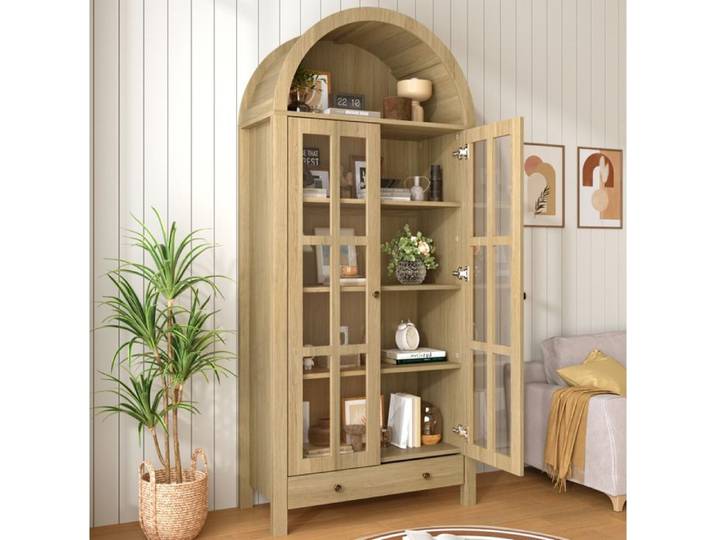 Vitrine haute arquée EVRYAE 75 x 35 x 170 5 cm meuble de rangement avec portes en acrylique tiroir MDF naturel