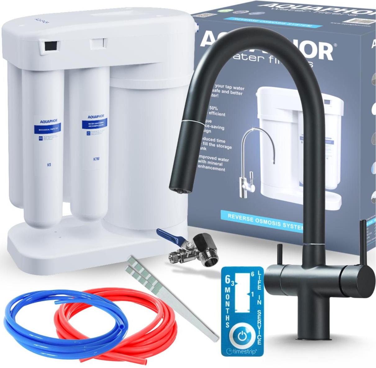 Wasserfilter Set Morion mit 3-Wege Küchenarmatur Ari, Umkehrosmose, ausziehbare Brause, Schwarz