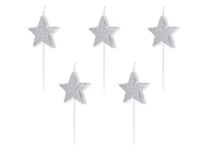Geboorte kaarsen sterren zilver 3,5 cm, 5 stuks
