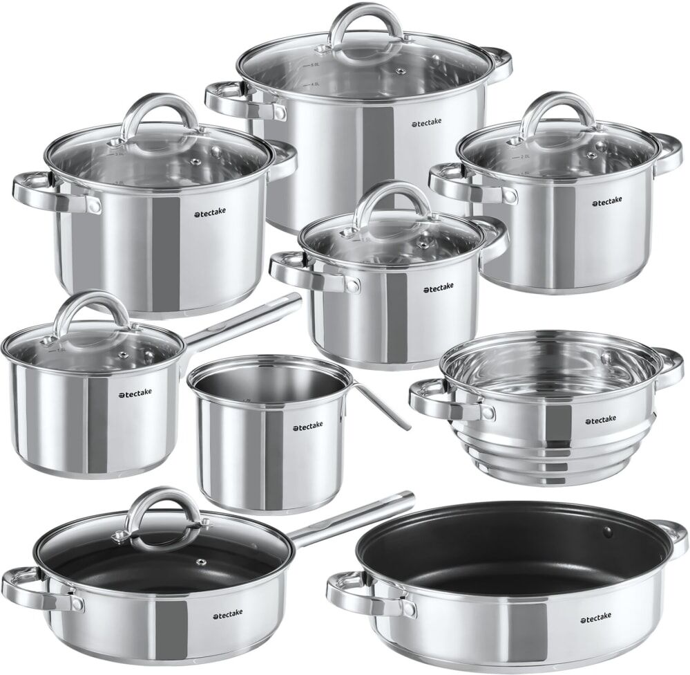 Tectake Batería de cocina, 15 piezas, ollas, cacerolas, cazo, vaporera y tapas