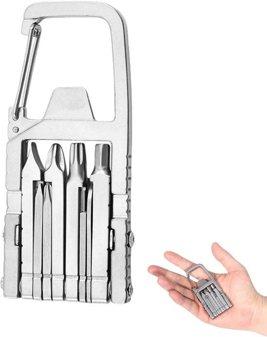 12-in-1 Mini-multitool met schroevendraaiers en karabijnhaak, zilver