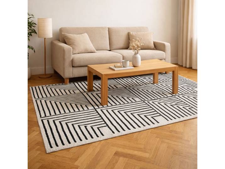 Tapis rectangulaire en coton avec motifs noirs et écrus 120 x 180 cm