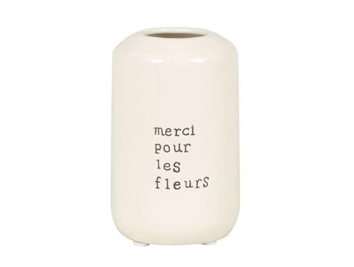 Vase aus ecrufarbenem Dolomit „Merci pour les fleurs“, H12cm