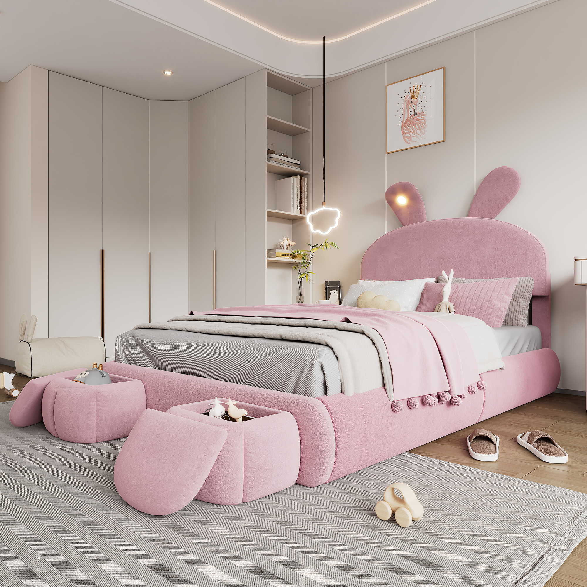 STILVORA Kinderbett 140×200 cm Polsterbett mit LED-Licht & Bettkasten, Jugendbett Einzelbett mit Kopfteil, Samt, Rosa (mit Matratze)