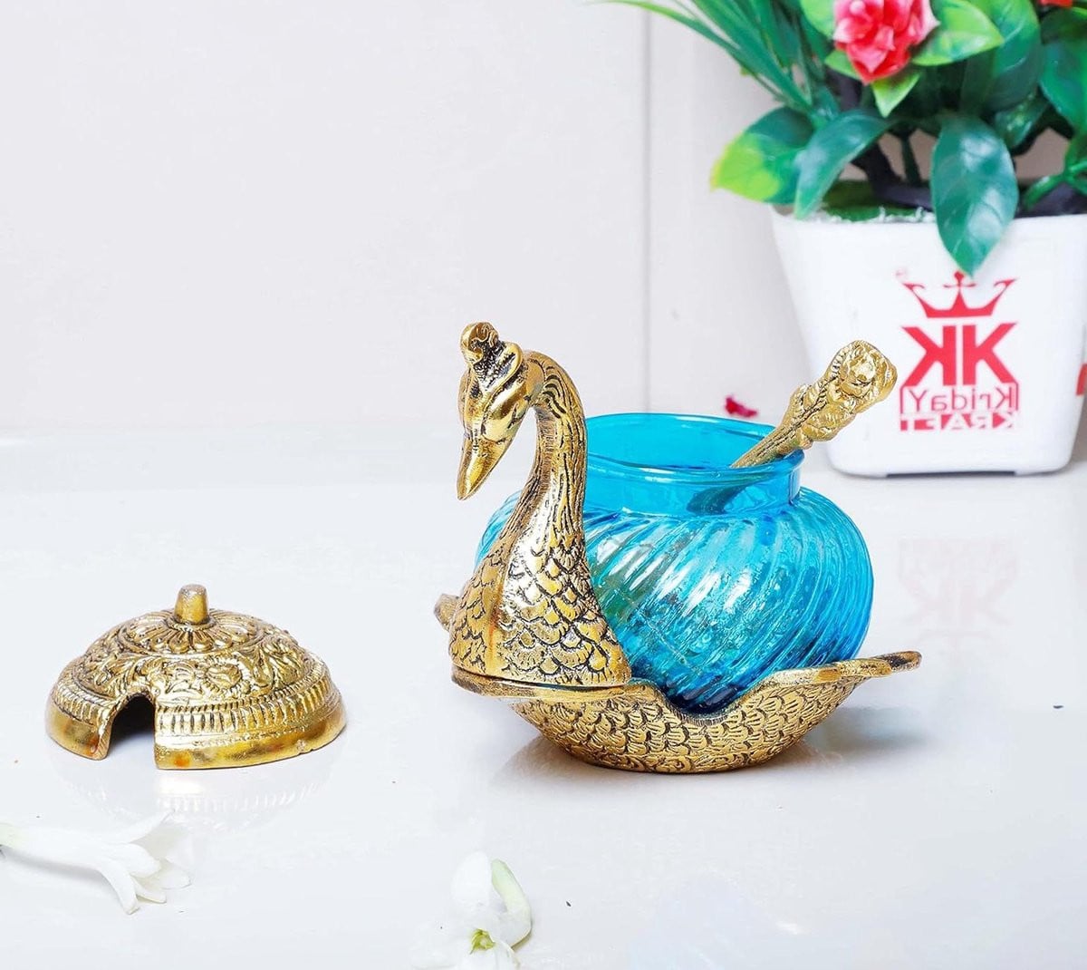 Goudkleurige handgemaakte decoratieve eendenvorm schaal van 15 cm lengte