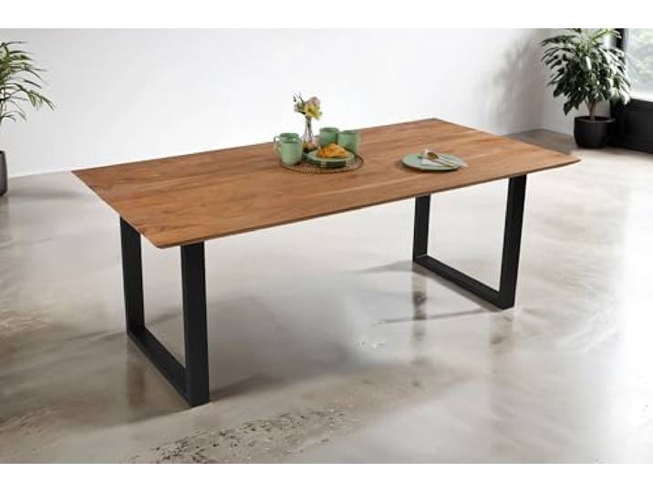 SAM Esstisch Dean 200x100 cm Akazie eiche Schweizer Kante U-Gestell schwarz Massivholztisch, Akazienholz eichefarben, Metallgestell, pflegeleichter Holztisch, Esszimmertisch