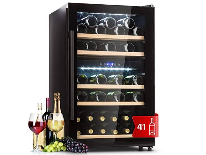 Klarstein Weinkühlschrank, Getränkekühlschrank Schmal, 2 Zonen Kühlschrank mit Glastür, Getränkekühlschränke Freistehend, Weinkühlschrank Klein, Weinkühlschränke mit UV-Schutz, 5-22 °C, 29 Flaschen