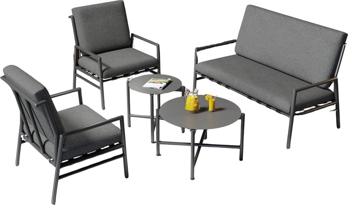 Happiq 4-Sitzer Garten-Lounge-Set - Outdoor Sofa mit 2 Couchtischen & abnehmbaren Kissen - Verzinkter Stahl - Grau