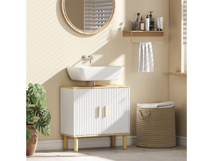 HOMCOM Meuble Sous-Lavabo Blanc 60x30x61cm avec Portes Cannelées