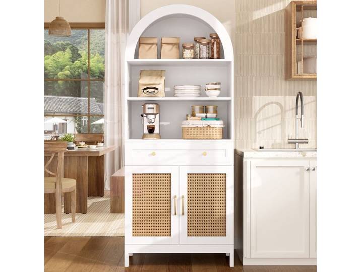 Meuble de Rangement avec Sommet Arqué 170 cm Portes en Rotin Blanc et Aspect Bois