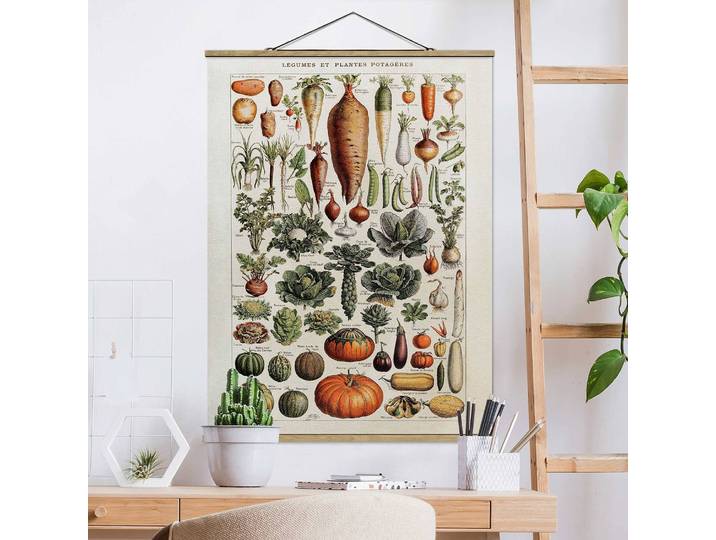 Tableau déco Vintage Botanique Légumes Tissu Vert 50 x 66cm