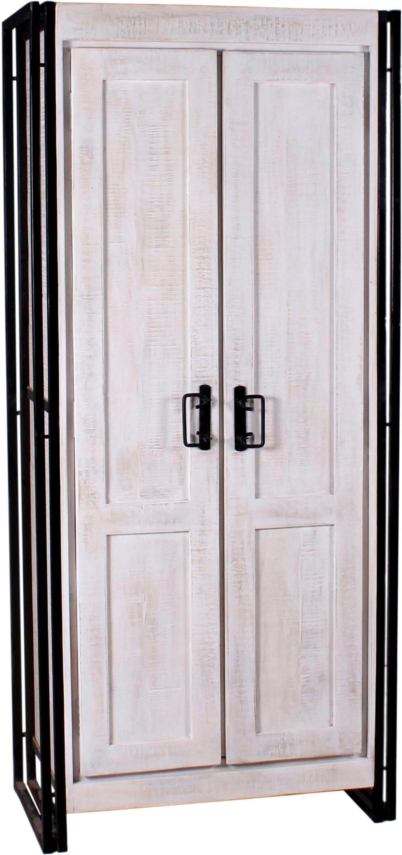 Garderobenschrank SIT "Tobermory aus Mangoholz White Wash mit Altmetall-Akzenten", schwarz-weiß (weiß, schwarz), B:80cm H:180cm T:45cm, Massivholz, Metall, Schränke, Garderobenschrank, Vintage-Look mit White Wash, Altmetall und Gebrauchsspuren