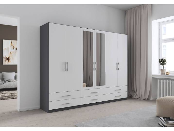 Drehtürenschrank Hersbruck-Extra 271cm Grau/Weiß/Alpinweiß/Graumetallic 2 Spiegeltüren
