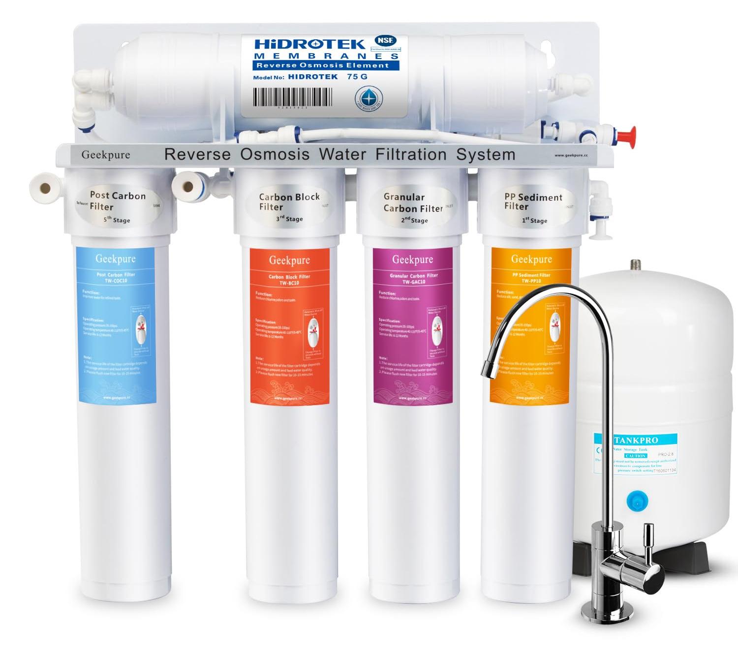 Wasserfilter mit Umkehrosmose, 5-stufig - Kapazität: 75 GPD - Gehäuse aus legiertem Stahl, Kunststoff und Messing