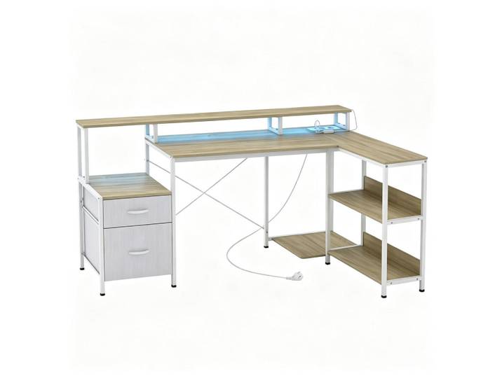 Gisaae Computertisch Winkel mit RGB-LED-Beleuchtung 172 cm, Weiß, 172x89x100 cm, Büromöbel, Schreibtische, Computertische