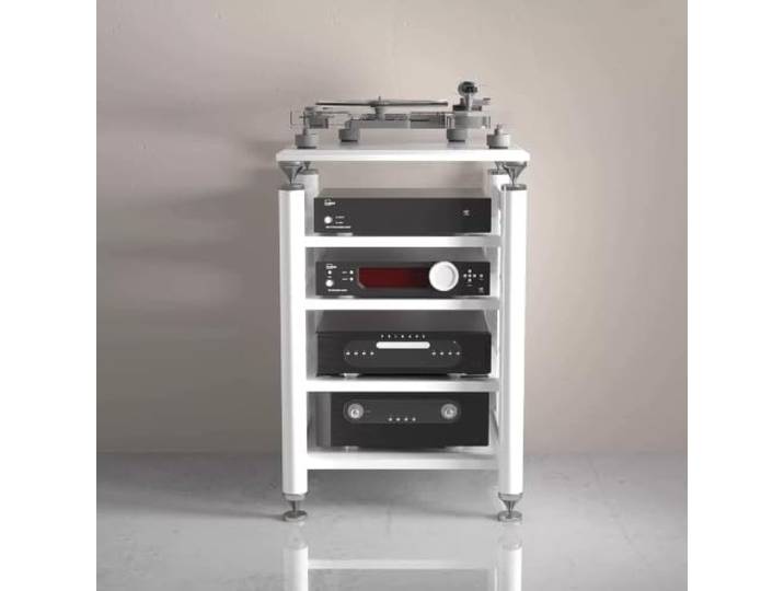 Modulares HIFI‑Audio‑Rack – Verstellbare Ablagen, Plattenspielerständer Mehrstöckiges Audio‑Regal, vielfältige Farben, schwingungsdämpfendes Design(White+White,4‑Tier)