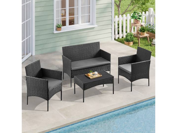 WOLTU Ensemble de meubles de jardin en rotin, table basse, 2 fauteuils et canapé 2 places avec coussin, résistant aux intempéries, pour balcon et jardin