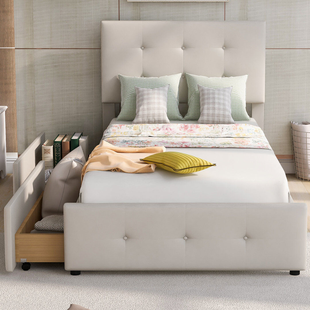 Brayden Studio Yvoire Upholstered Velvet Drawers Bed Light Beige European Single (90 x 200cm)