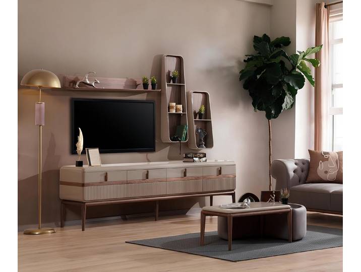 Xlmoebel TV-Board Designer Lowboard aus edlem Holz mit luxuriösen Regalen (Lowboard, 4tlg.Wohnzimmer Set (RTV Lowboard+3x Regale), Hergestellt in Europa