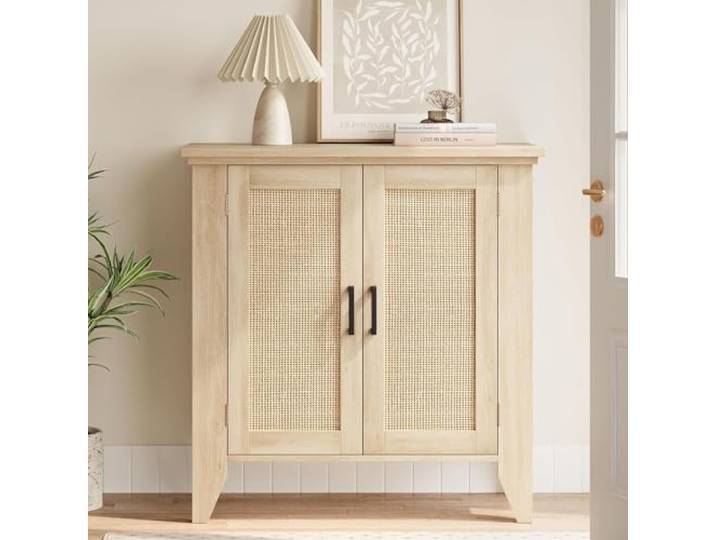 GarveeMore 2-teiliges Rattan Sideboard Set aus Natur-Eiche verstellbaren Regalen – Buffetschrank im Boho-Stil für Wohnzimmer, Flur & Küche – System default
