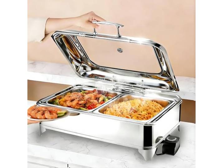 BOVDC Elektrischer Chafing Dish Glasdeckel, 9L Edelstahl(1/2 Pan) Speisewärmer Buffetwärmer Elektrisch Einstellbarer Temperatur 35-85℃, Warmhaltebehälter Essen Elektrisch für Hotels, Buffet