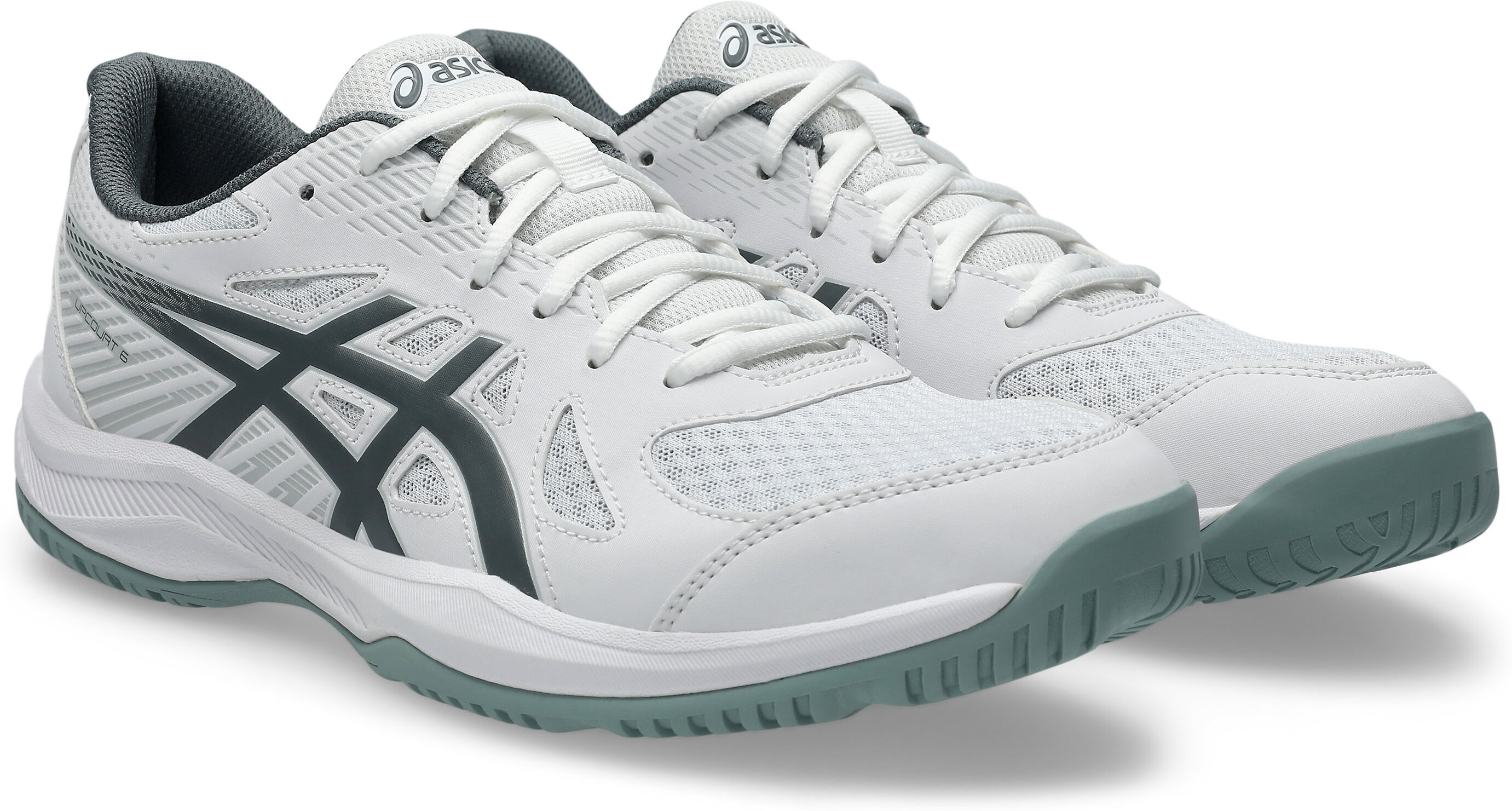 Hallenschuh ASICS "UPCOURT 6", Herren, Gr. 48, weiß, steel grau, Synthetik, Schuhe Hallenschuh, besonders geeignet für Handball und Volleyball weiß, steel grau 48