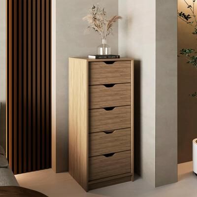 Loedds Modern 5-Drawer Tall Narrow Dresser with Pull-Out Storage System - Beige