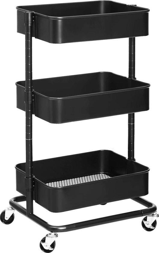Famanu Drielags rolwagen met verstelbare planken en remmen - Zwarte trolley voor keuken, badkamer of tuin