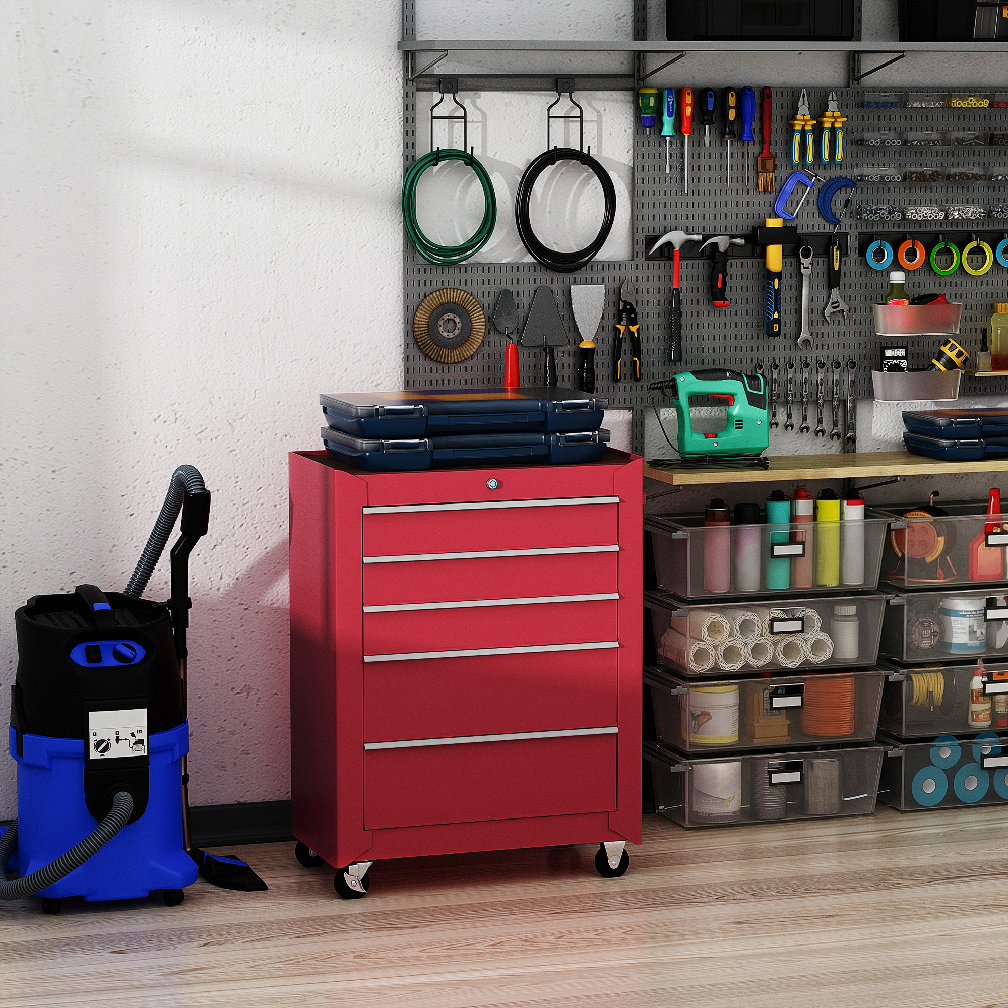 Homcom Carrello Porta Attrezzi Attrezzatura con Cassettiera Rosso 61.5 x 33 x 85cm