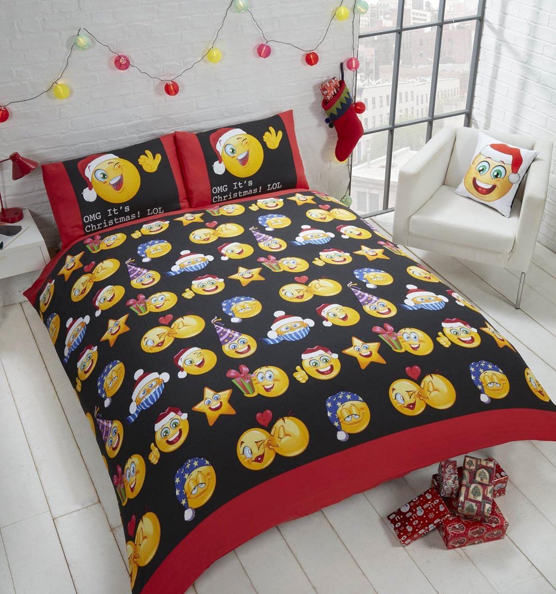 Feestelijk kerst beddengoedset met emoji's voor volwassenen