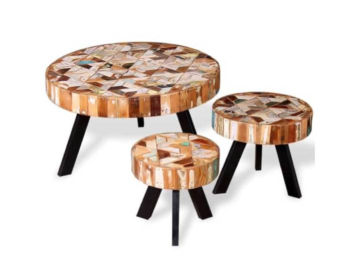 KKgypkn 3-TLG. Couchtisch-Set Recyceltes Massivholz Eisen Gestell, Vintage-Charme, Handgefertigt, Unikate, Multifunktional