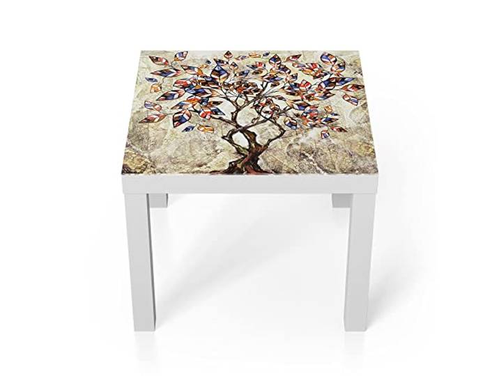 DEQORI Glastisch weiß klein 55x55 cm Motiv Fantasievoller Laubbaum ausgefallener Beistelltisch aus Glas Hochglanz Couchtisch fürs Wohnzimmer moderner Couch Tisch mit Design